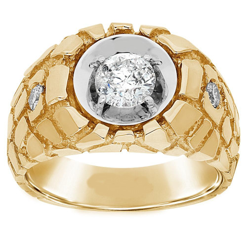 14k Yellow Gold Mens Nugget Solitaire Diamond Ring .85 ctw 12.7mm