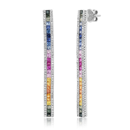 14K White Gold Shaped 0.91ct Diamond And Rainbow Colored Sapphires Earrings
