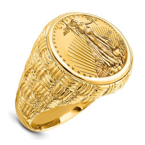 14K Yellow Gold Men's Woven Design Ring With A 22k 1/10 Oz American Eagle