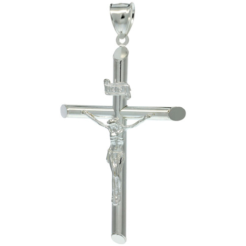 Sterling Silver Crucifix Pendant (Charm) w/ Large Tubular Cross 2 1/2 inch tall