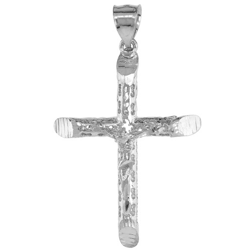 Sterling Silver Crucifix Large Tubular Textured  Pendant (Charm) 1 3/4 inch tall