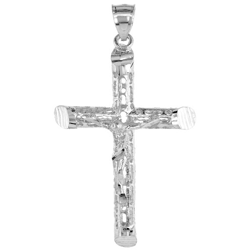 Sterling Silver Crucifix Pendant (Charm) Large Tubular Pendant Textured 2 1/16 inch tall