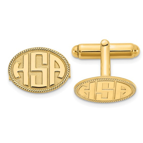 14K Gold Oval Rope Border with Raised Letters Monogram Cuff Links