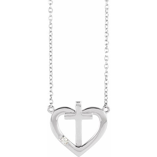 Sterling Silver Natural Diamond Heart & Cross Necklace 0.015 ct.  18 Inches