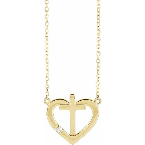 14K Yellow Gold Natural Diamond Heart & Cross Necklace 0.015 ct.  18 Inches