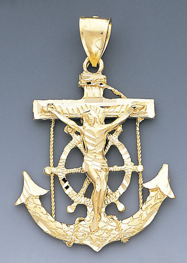 14k Gold Diamond Cut Jesus Cross And Anchor Pendant 45|