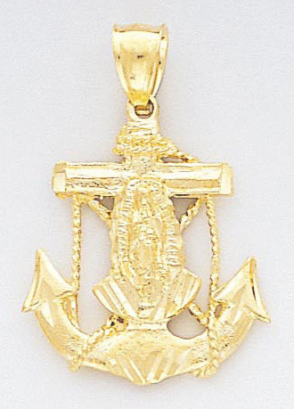 14k Gold Diamond Cut Virgin Mary Anchor Pendant 22mm W | Sarraf.com