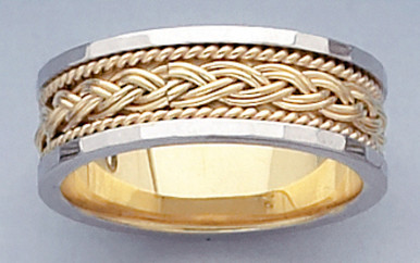 18K Two Tone Gold (White Center) 8mm hand made comfort fit wedding band  with wide braided and rope design
