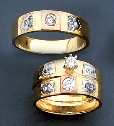 14k Gold Tri-color Three Piece Men's and lady's Cubic Zirconia