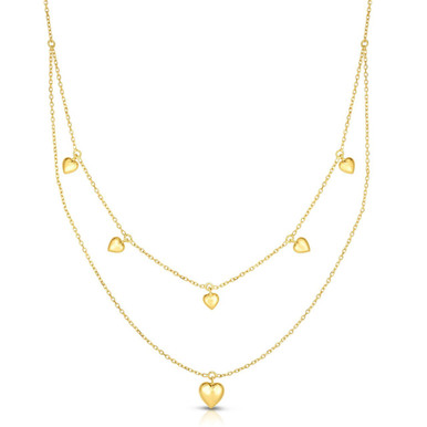 14k Yellow Gold Layered Dangle Heart Necklace 18