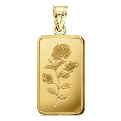 24K Gold Gram Pamp Suisse Rose Bar Pendant Encased in 14k