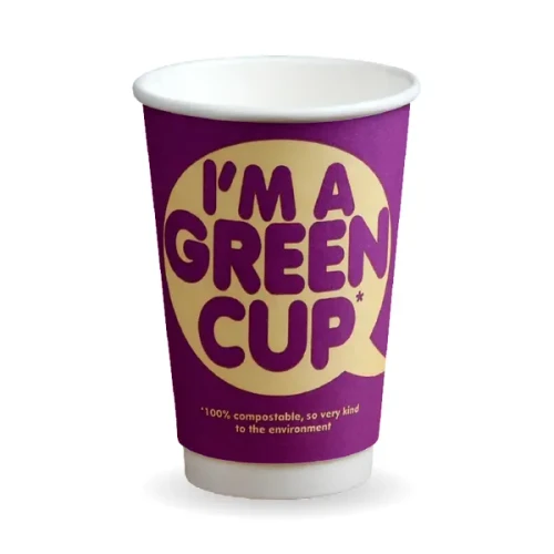 Image of purple16oz coffee cup with text "I'm a Green Cup" on the face of the coffee cup.
