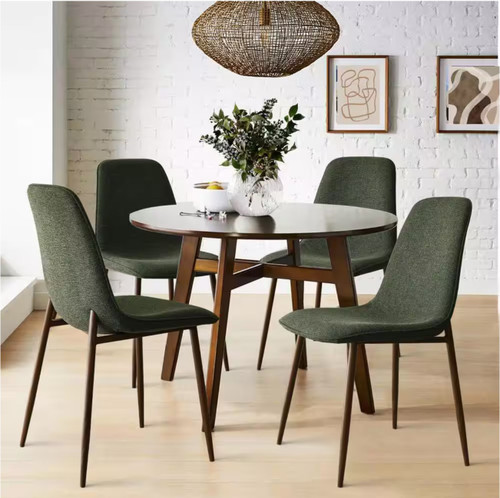 Green Upholstered Dining Chair with Walnut Metal Legs Set of 4