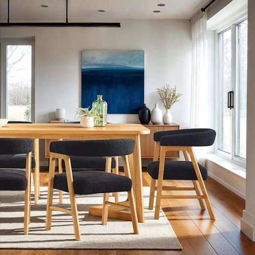 2-Piece Modern Black Rounded Back Solid Wood and Boucle Upholstery Dining Chairs