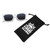A pair of clear sunglasses, a protective pouch, and a black drawstring bag, all part of The Clarity Crew collection.