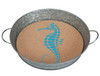 Blue Seahorse Round Serving Tray 11.5 Inch Galvanized Metal and Cork Lined