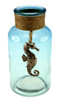 Turquoise Jute Wrapped Bottle With Pewter Seahorse 6 Inches Glass
