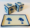 Palm Trees Salt and Pepper Shakers on Tray Porcelain Blue and White