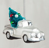Silver  Pickup Truck Hauling Tree Christmas Holiday Ornament Glass 4.75 Inches