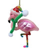 Pink Flamingo in Rainbow Hat and Stockings Christmas Holiday Ornament Glass