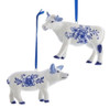 Blue and White Delft Cow and Pig Porcelain Christmas Holiday Ornaments Set of 2