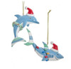 Whimsical Dolphin and Shark in Santa Hats Christmas Ornaments Set of 2
