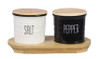 Black and White Salt and Pepper Shakers with Bamboo Wood Tray Ceramic