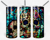 Sugar Skulls Faux Stained Glass Look 20 Oz Skinny Metal Tumbler w/Lid and Straw