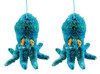 Teal Blue Octopus Christmas Holiday Ornaments Abaca Wood Set of 2