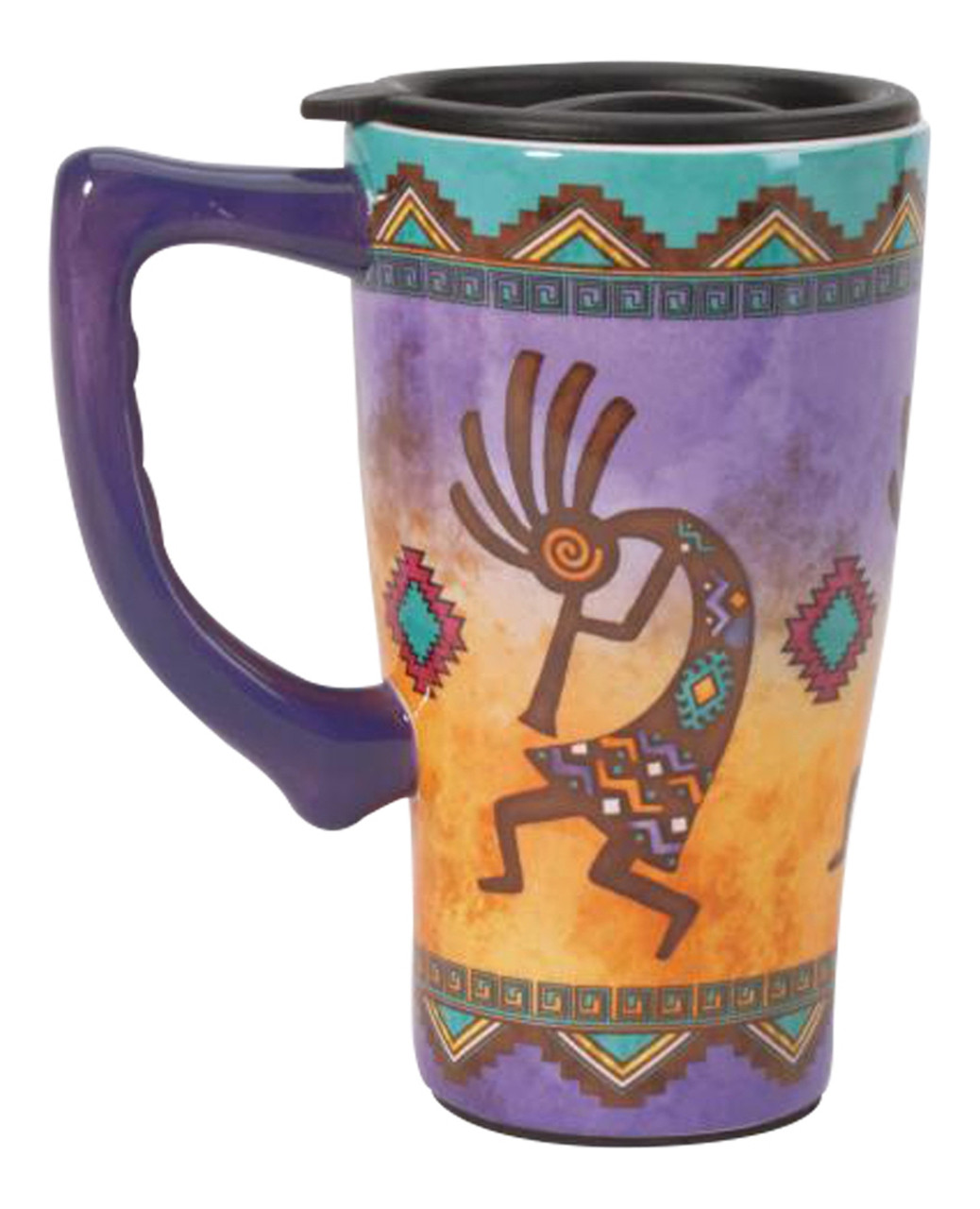 Southwestern Kokopelli Coffee Travel Mug with Lid 14 Ounce Ceramic