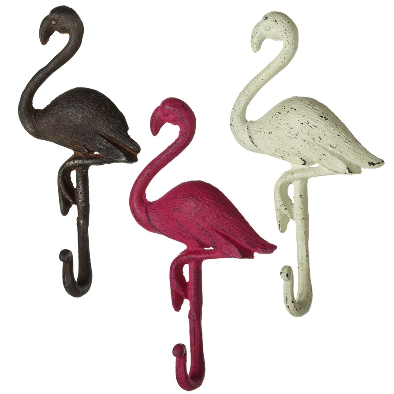 Pink Cream and Brown Flamingos Painted Single Wall Hooks Set of 3 Cast ...