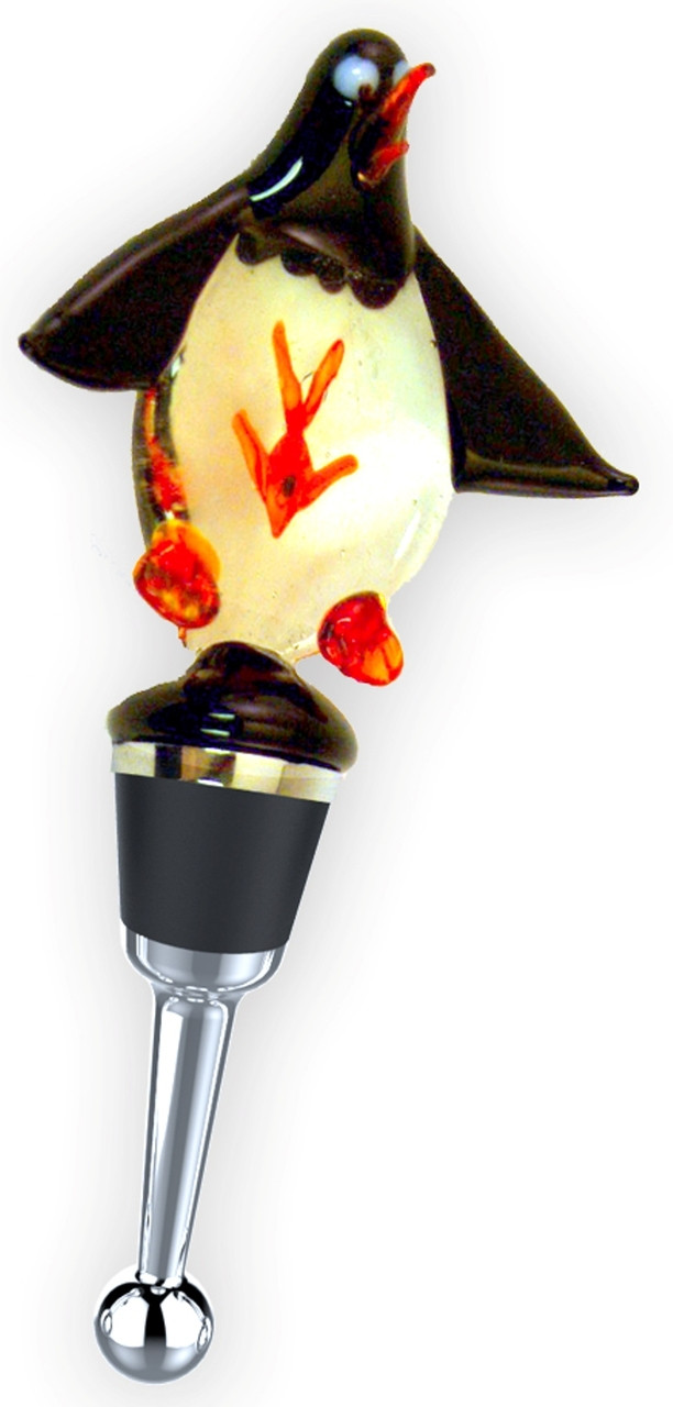 Penguin With Red Fish Glass Wine Bottle Topper Stopper Mary B