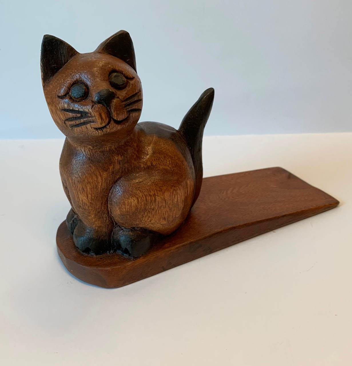 Kitty Cat Doorstop Carved Wood Stained Mary B Decorative Art
