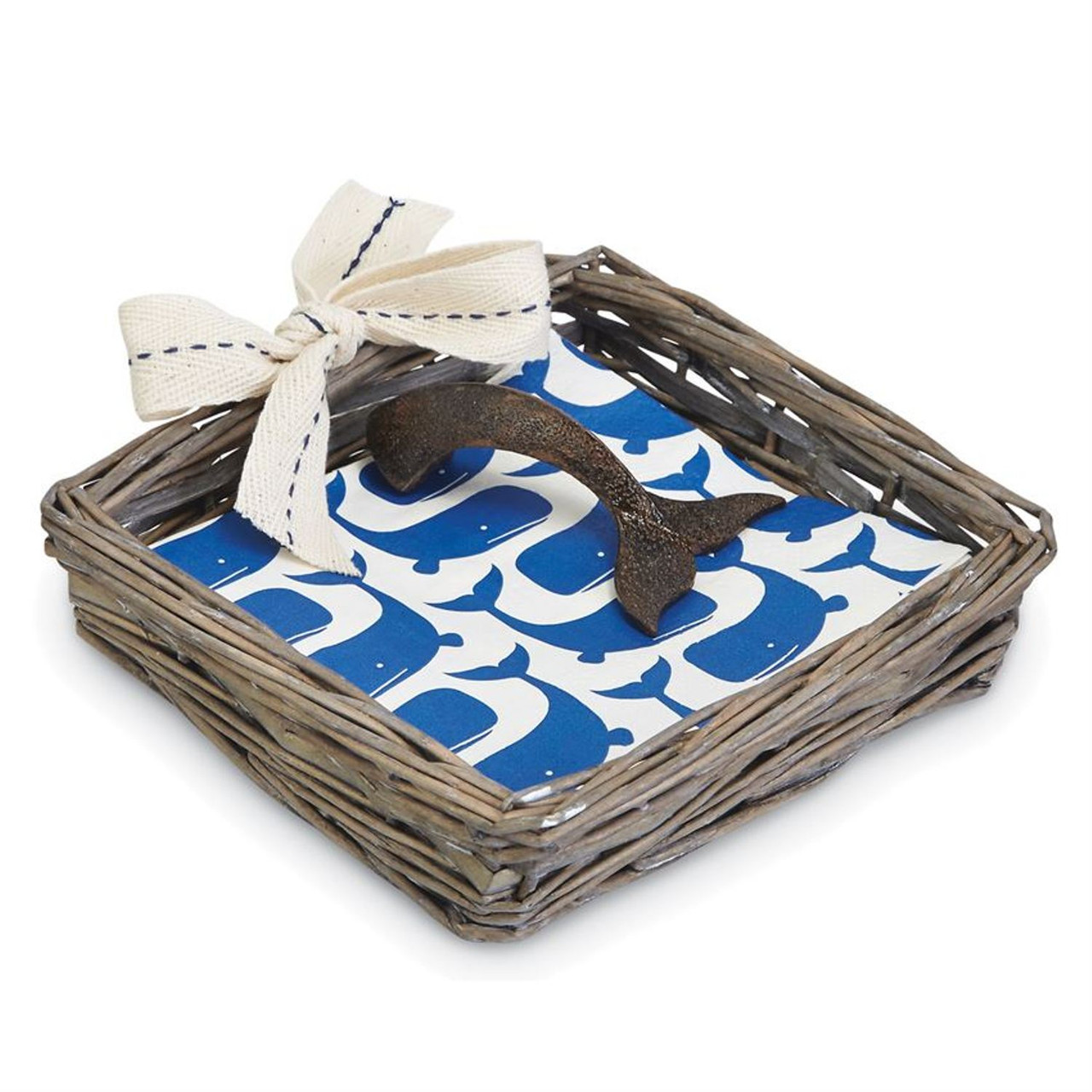 Mud Pie Whale Tail Napkin Weight in Willow Basket and Whale Cocktail