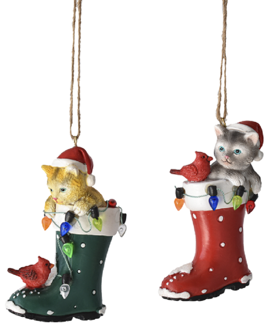 Kittens in Red and Green Santa Boots Christmas Holiday Ornaments Set of 2