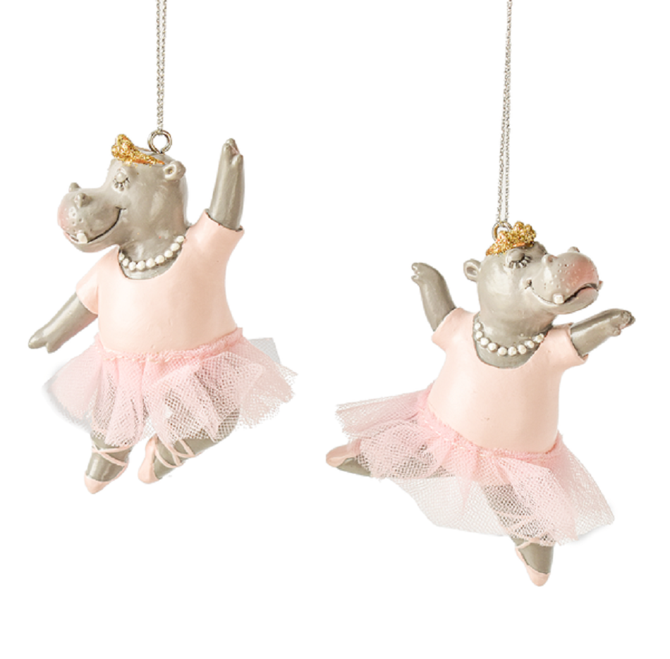 Hippo Ballerinas in Pink Tutus Christmas Holiday Ornaments Set of 2