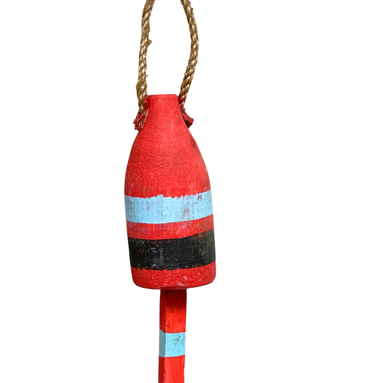 Red Navy and Light Blue Hand Painted Wooden Fishing Buoy with Jute