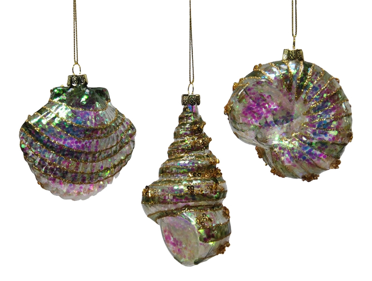 Gold White Sea Shells Holiday Glass Ornaments Set of 3 Katherine's Collection Mary B