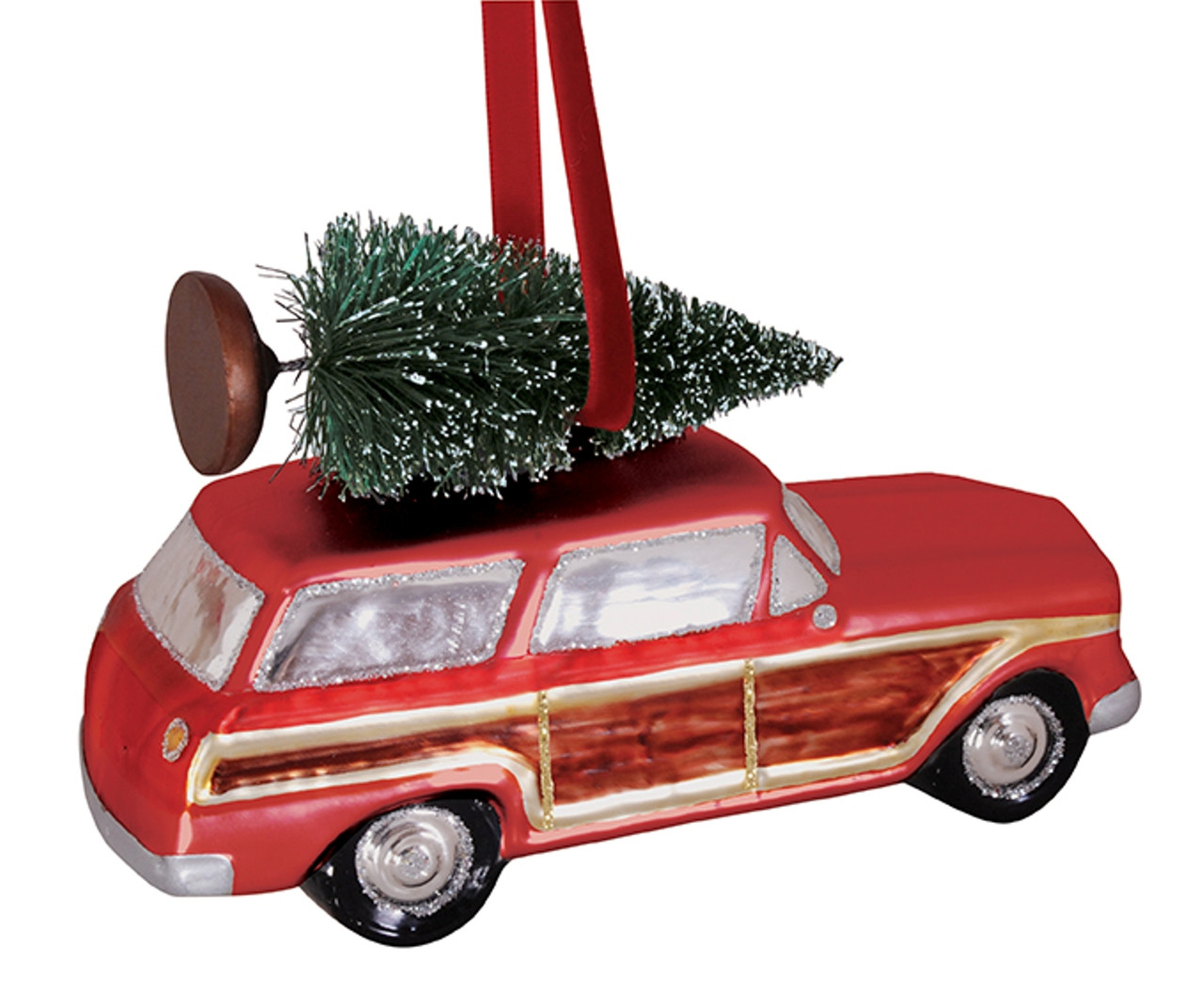 Red Station Wagon with Tree Glass Christmas Holiday Ornament Cape Shore ...