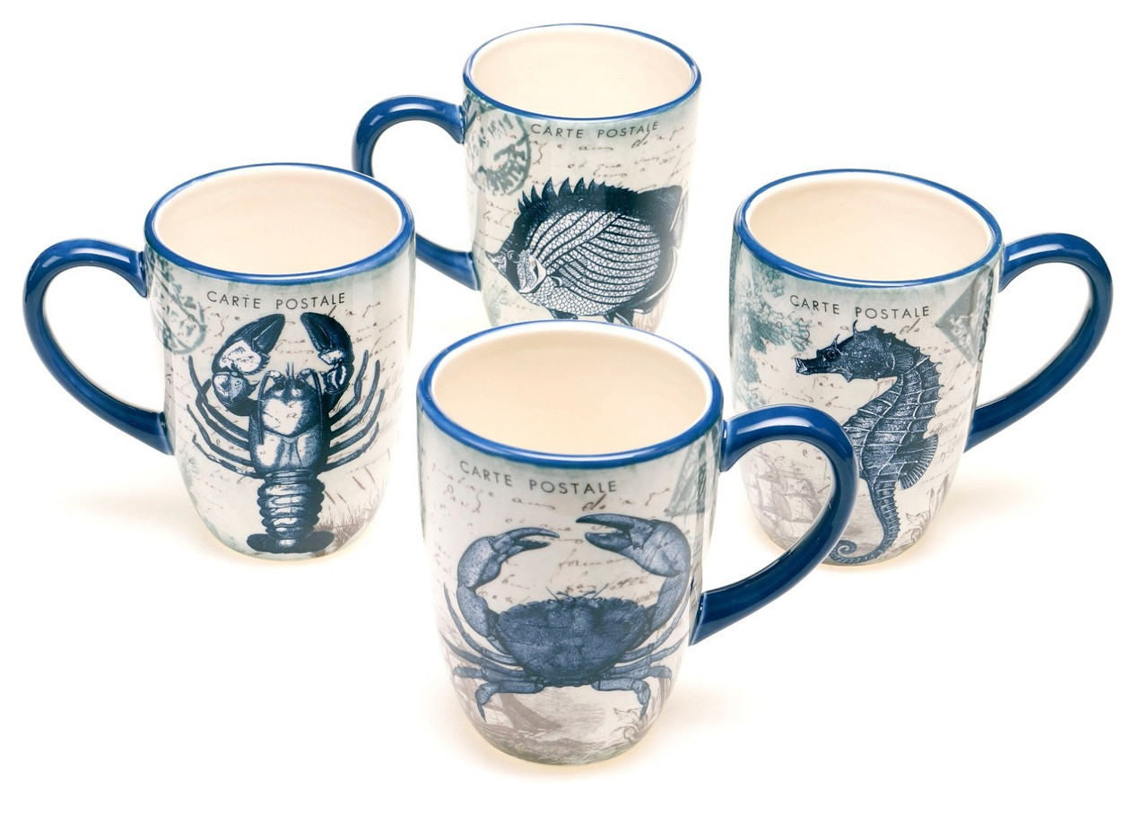 Coastal Postcards Crab Lobster Fish Seahorse 20 Ounce Mugs Set of 4  Certified - Mary B Decorative Art