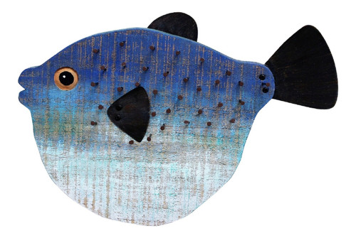 Blue Porcupine Fish Wood Wall Decor 15.25 Inches