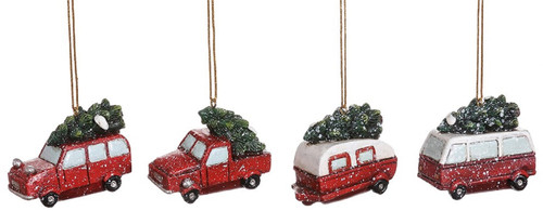 Special T Car Truck Van Camper with Trees Christmas Holiday Ornaments Set of 4