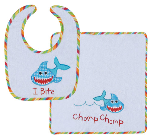 I Bite Shark Chomp Chomp Embroidered Fun Baby Bib and Burp Cloth 2 Piece Set