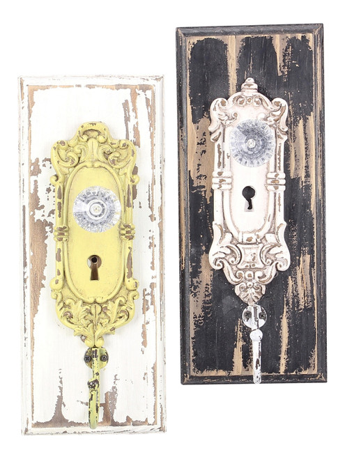 Painted Distressed Wood Vintage Look Ornate Glass Door Knob Wall Hooks Set of 2