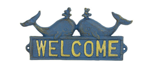 Spouting Whales Welcome Wall Plaque Blue Cast Iron 9 Inches