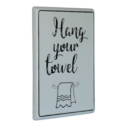 Hang Your Towel Bathroom Enameled Metal Wall Plaque 13.75 Inches