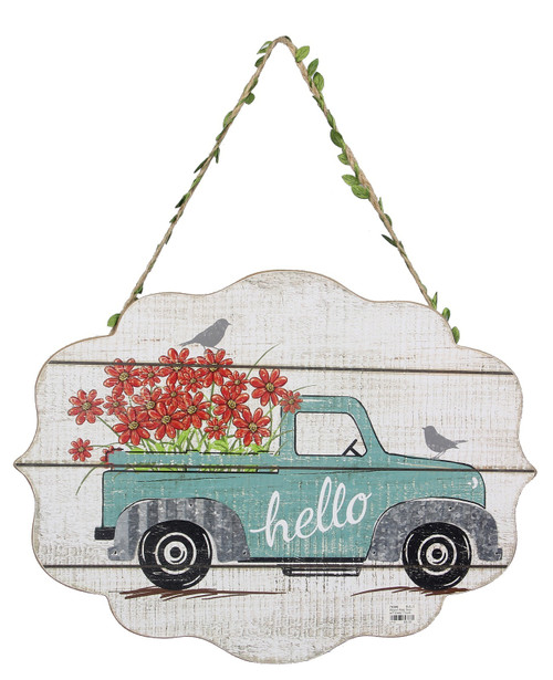 Hello Blue Pickup Truck Filled with Flowers Wall Sign Wood Plaque 15.75 Inches