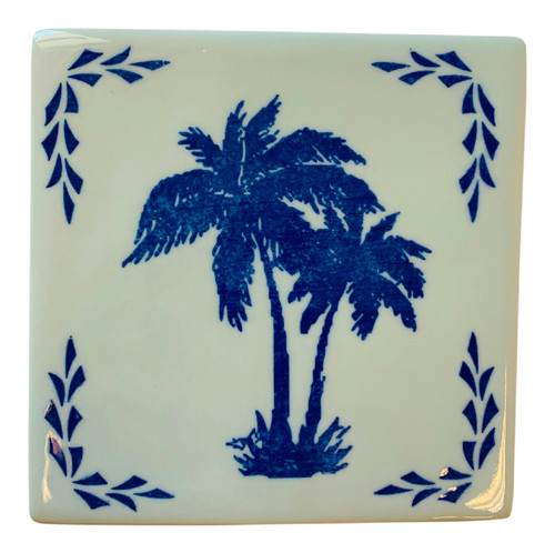 Palm Trees Kitchen Trivet 6 Inches Tile Porcelain Blue and White