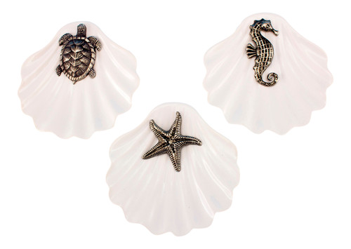 Turtle Starfish Seahorse Sealife White Ceramic Clam Ring Holder Set of 3