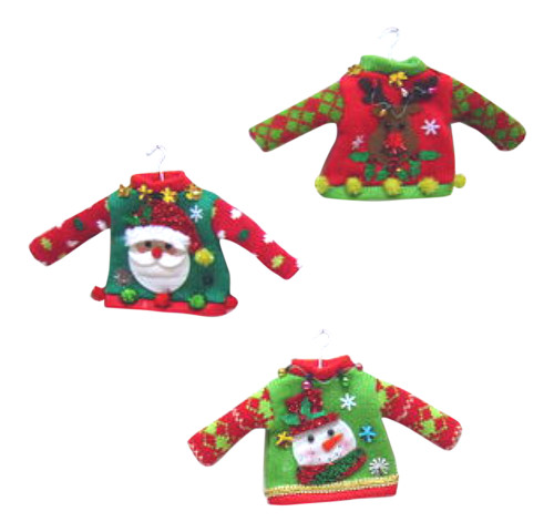 Tacky Sweaters Santa Snowman Reindeer Set of 3 Christmas Ornaments Elf Size